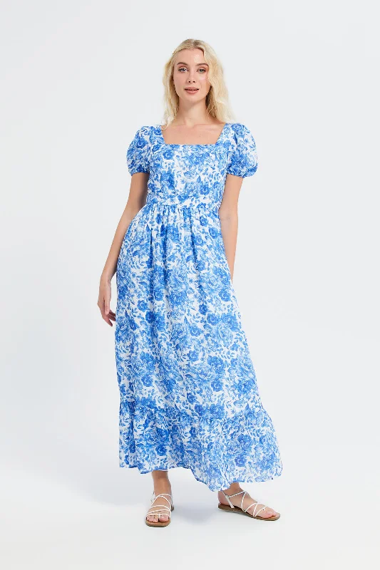 Women's Midi Dress with Ruffles-Women Blue Printed Long Dress