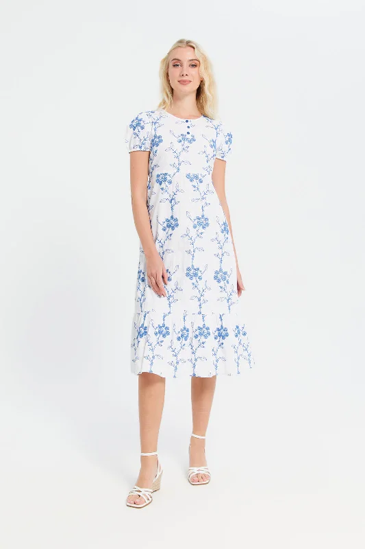 Women's Bohemian Summer Dress-Women Blue Embroidered Long Dress