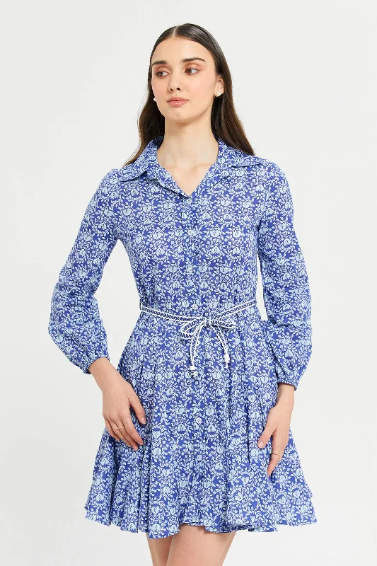 Women's Satin Cocktail Dress-Women Blue Printed Long Sleeve Dress