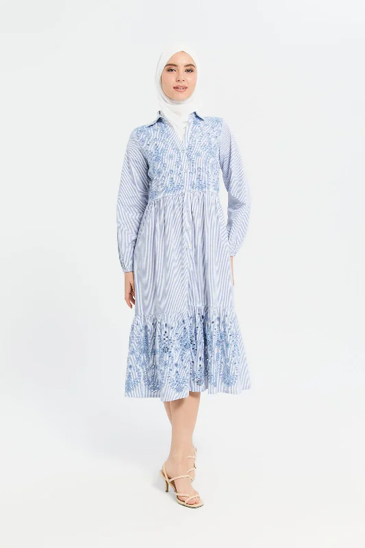 Plaid Shirt Dress for Work-Women Blue Striped Shirt Dress