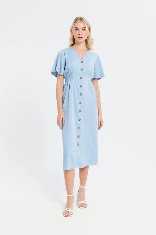 Women's Front Pleat Midi Dress-Women Blue Buttoned Midi Dress