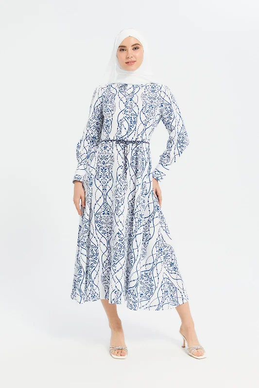 Women's Belted Maxi Dress-Women Blue And White Printed Flared Dress With Contrast Belt