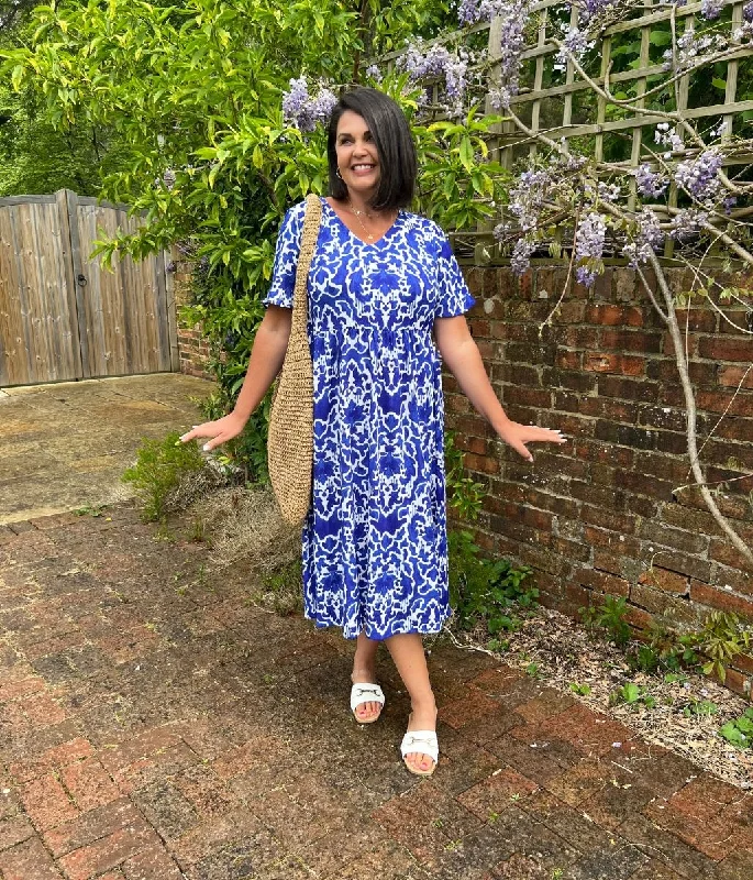 Women's Buttoned-back Midi Dress-Blue Ikat Baroque Print Floral Midi Dress