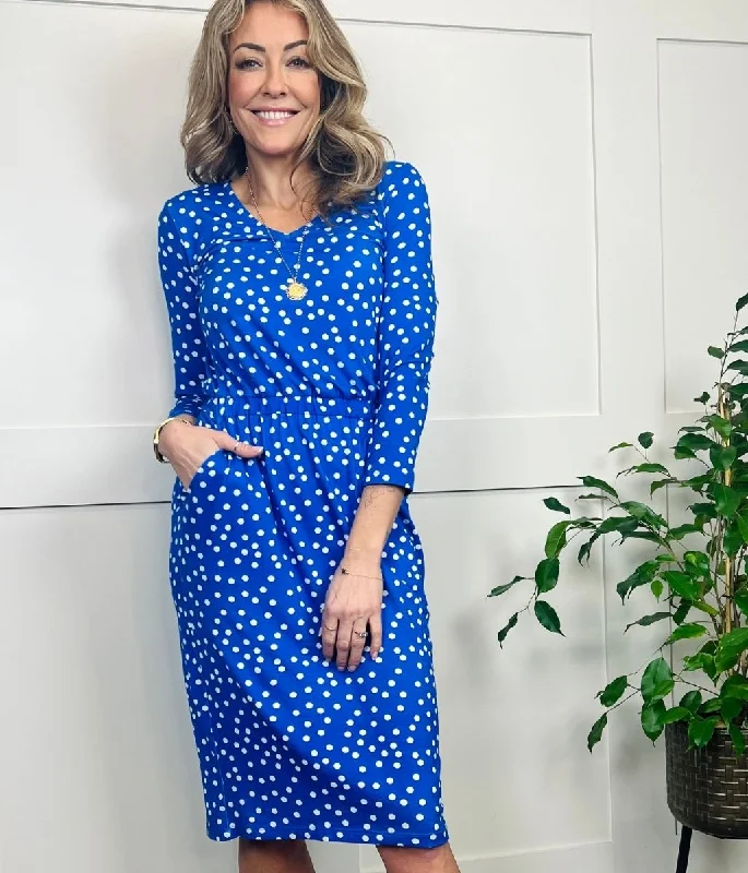 Women's Wrap-Style Dress-Blue Spot Print Jersey Dress