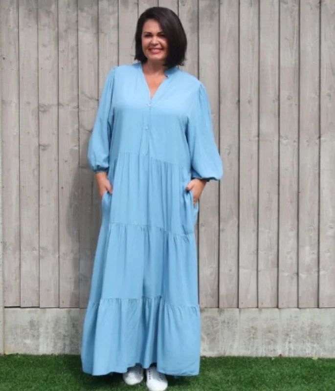 Women's Printed Shirt Dress for Casual Wear-Blue Tiered Maxi Shirt Dress