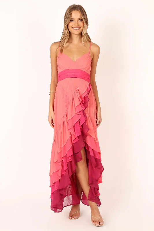 Women's Maxi Dress with Puff Sleeves-BomBon Tiered Maxi Dress - Coral Hot Pink