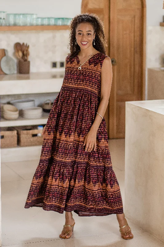Women's Tulle Maxi Dress-Borobudur Hand-Woven Cotton Maxi Dress with Ikat Motif