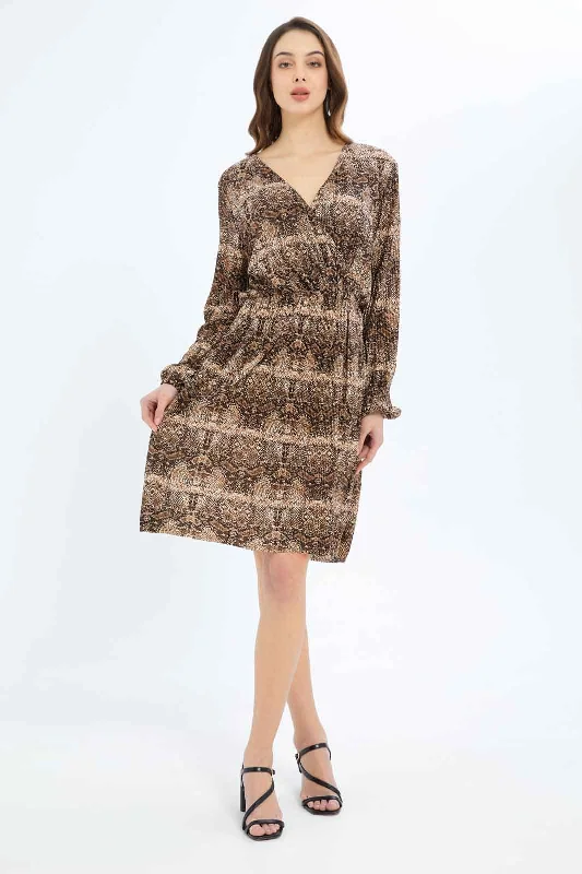 Casual Wrap Dress with Soft Fabric -Elegant Wrap Dress for Bridal Shower -Women Beige And Brown Wrap Dress Casual Wrap Dress with Soft Fabric -Elegant Wrap Dress for Bridal Shower -Women Beige And Brown Wrap Dress