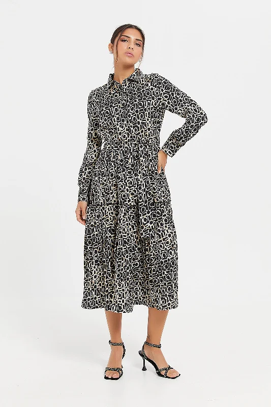 Women's Knit Bodycon Dress-Women Brown Printed Shirt Pleated Dress