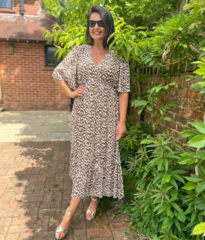 Women's Luxe Satin Midi Dress-Brown Ikat Print Midi Dress