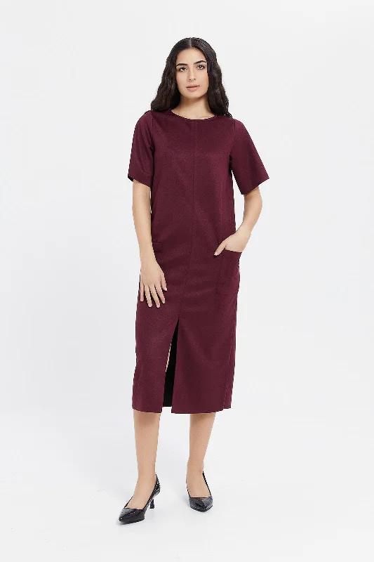 Women's Boho Chic Midi Dress-Women Burgundy Midi Dress