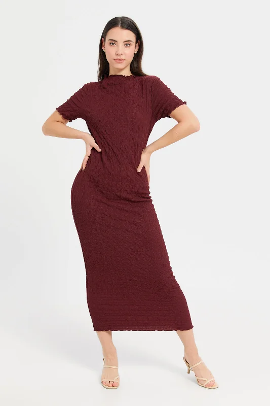 Women's Bodycon Dress -Women Burgundy Textured Bodycon Dress
