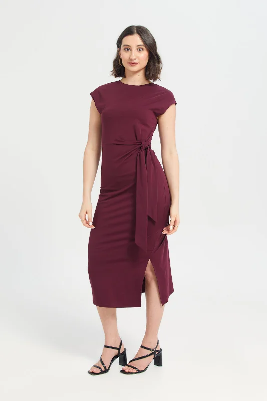 Women's Vintage Floral Midi Dress-Tie Jersey Shift Dress