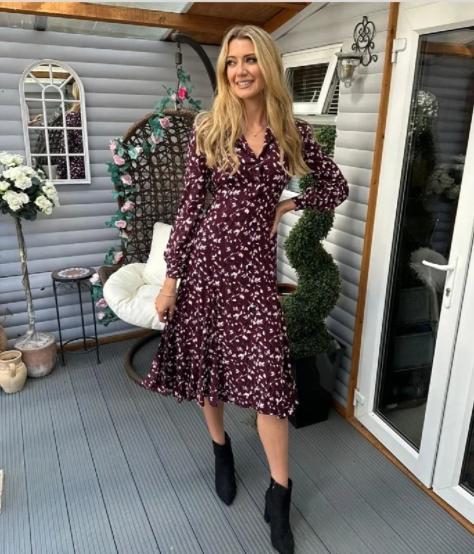 Casual Summer Shirt Dress-Burgundy Godet Hem Shirt Dress