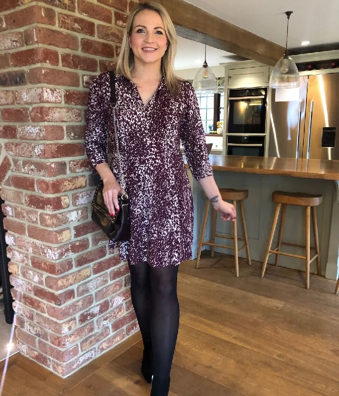 Long-sleeve Plaid Shirt Dress-Burgundy Leopard Print Shirt Dress