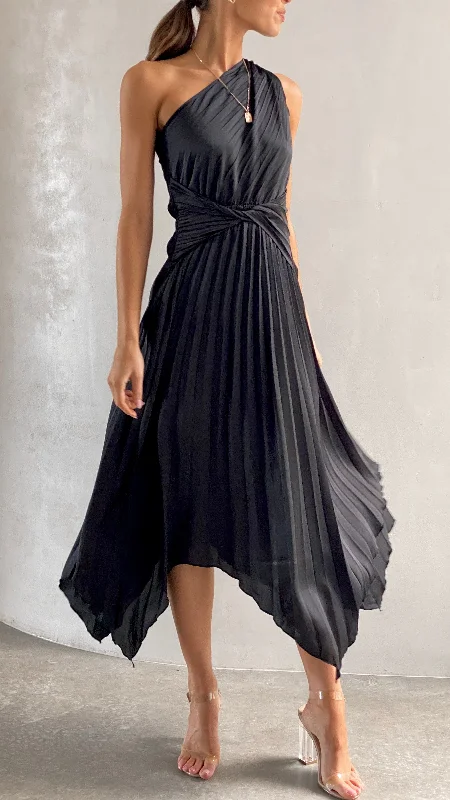 Women's Lace-up Midi Dress-Cali One Shoulder Midi Dress - Black