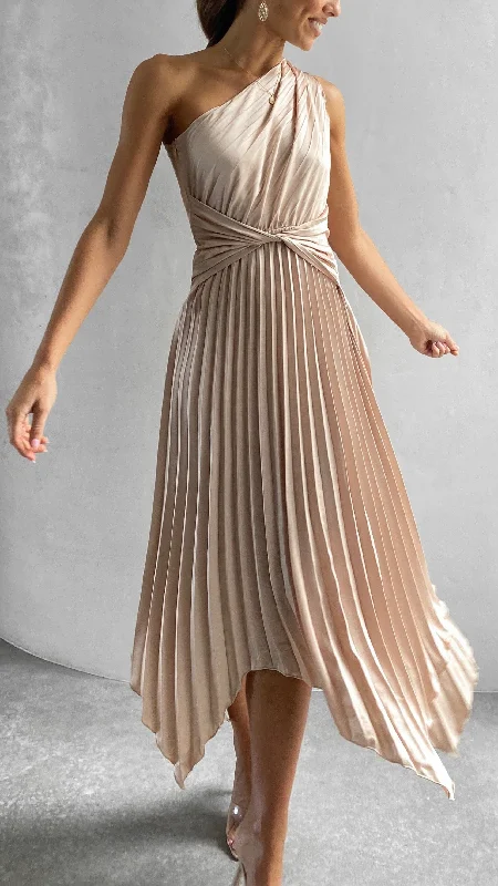 Women's A-line Pleated Midi Dress-Cali One Shoulder Midi Dress - Champagne