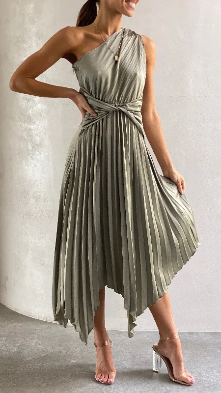 Women's Ruched Midi Dress-Cali One Shoulder Midi Dress - Olive