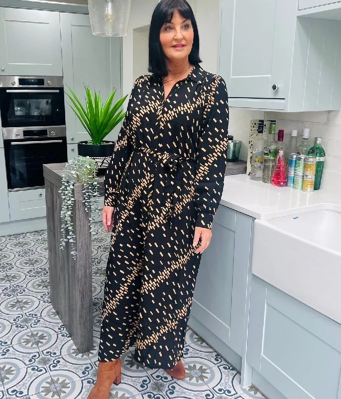Casual Shirt Dress for Summer-Camel Printed Midi Shirt Dress