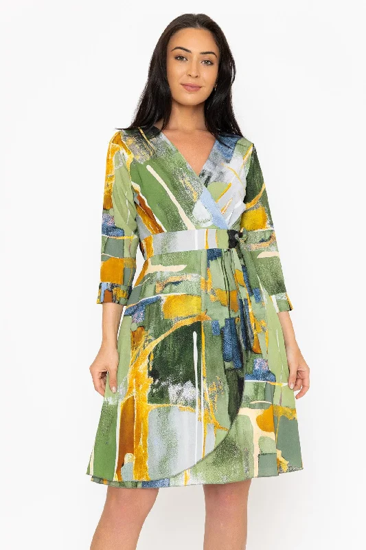 Women's Smock Dress-Carly Knee Length Dress in Khaki Print