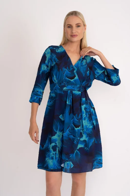 Women's Tea Length Dress-Carly Knee Length Dress in Navy Print