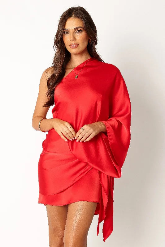 Women's Sheer Lace Mini Dress-Carmen One Shoulder Mini Dress - Sunset Red