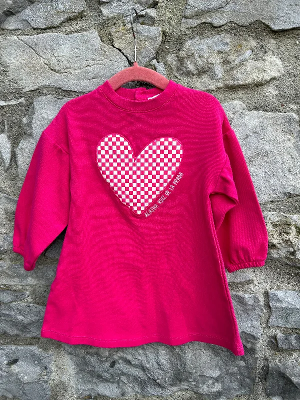 Women's Puff Sleeve Dress-Check heart pink dress  2-3y (92-98cm)
