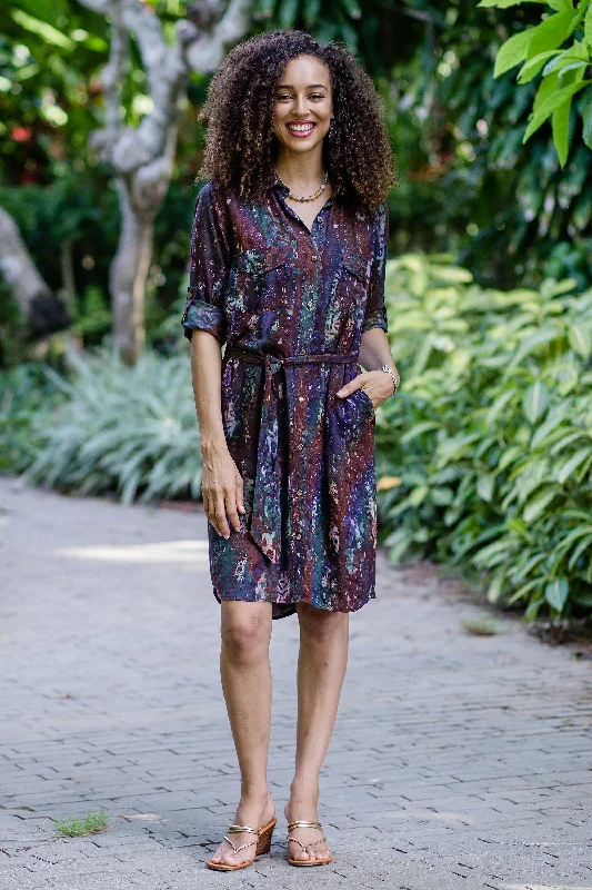 Women's Shirt Dress-Chic Style Batik Rayon Collared Shirtdress from Bali