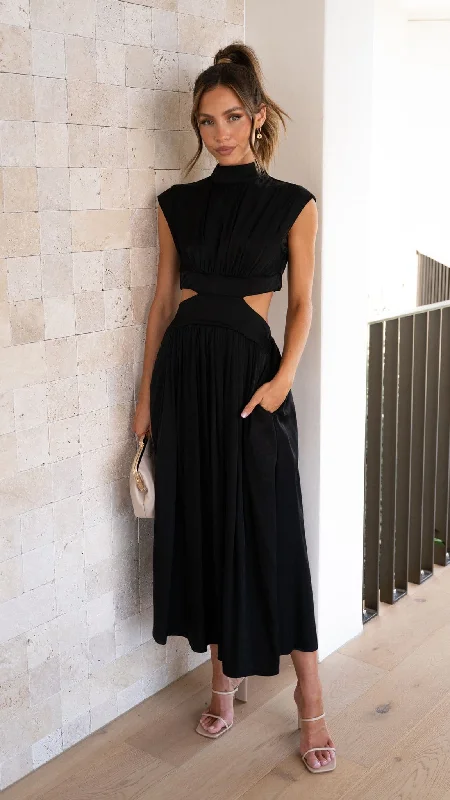 Women's Belted Waist Midi Dress-Cindie Midi Dress - Black