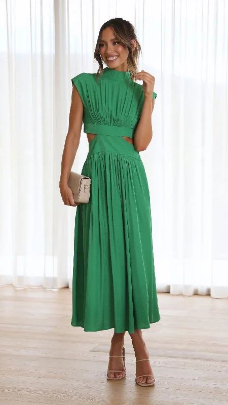 Women's High-neck Back Zip Midi Dress-Cindie Midi Dress - Green