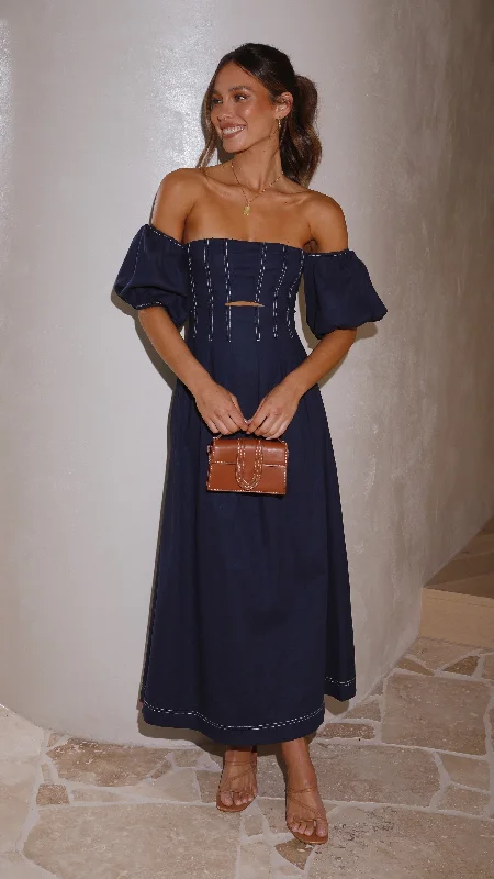 Women's V-neck Chiffon Midi Dress-Claira Midi Dress - Navy