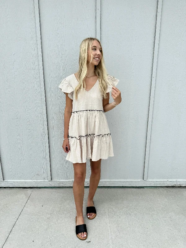 Doll Dress with Velvet Ribbon -CODI BABYDOLL NATURAL AND BLACK BOW DRESS BY IVY & CO