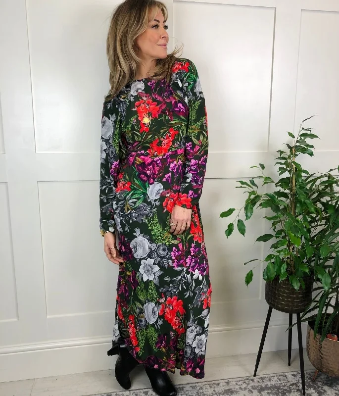Women's Side Tie Midi Dress-Garden Floral Batwing Midi Dress