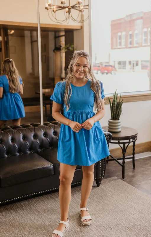 Relaxed Casual Shirt Dress-CORINE COBALT BLUE BABY DOLL SHORT DRESS BY IVY & CO