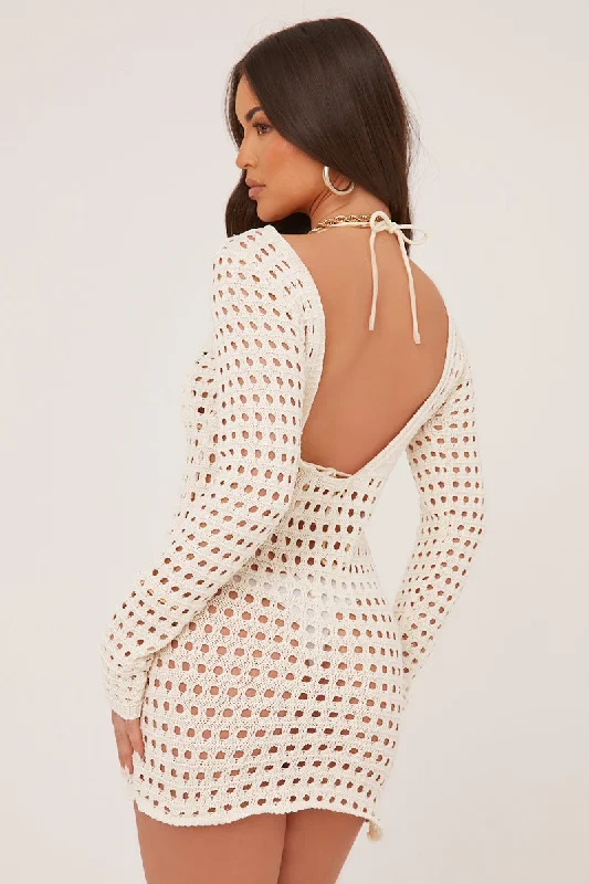 Women's Sporty Mini Dress-Cream Crochet Scoop Back Mini Dress - Mazi