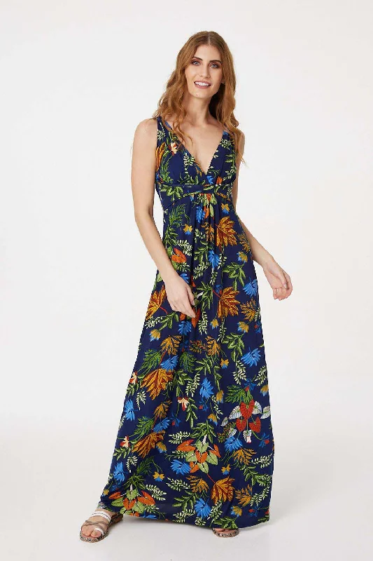 Women's Belted Maxi Dress-Tropical Print Plunge Maxi Dress