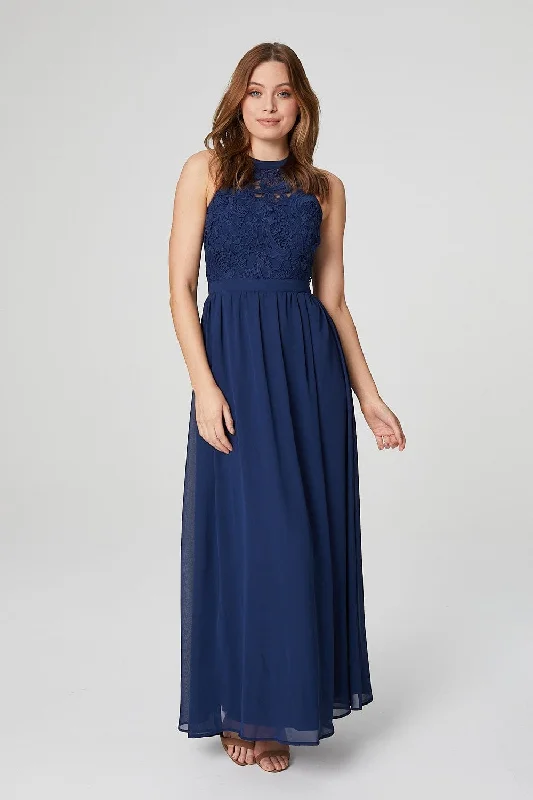 Women's Trendy Dress-Lace Bodice Halter Neck Gown