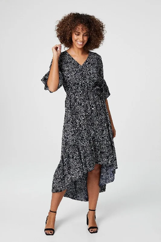 Women's Sporty Chic Midi Dress-Ditsy Print Wrap Front Midi Dress
