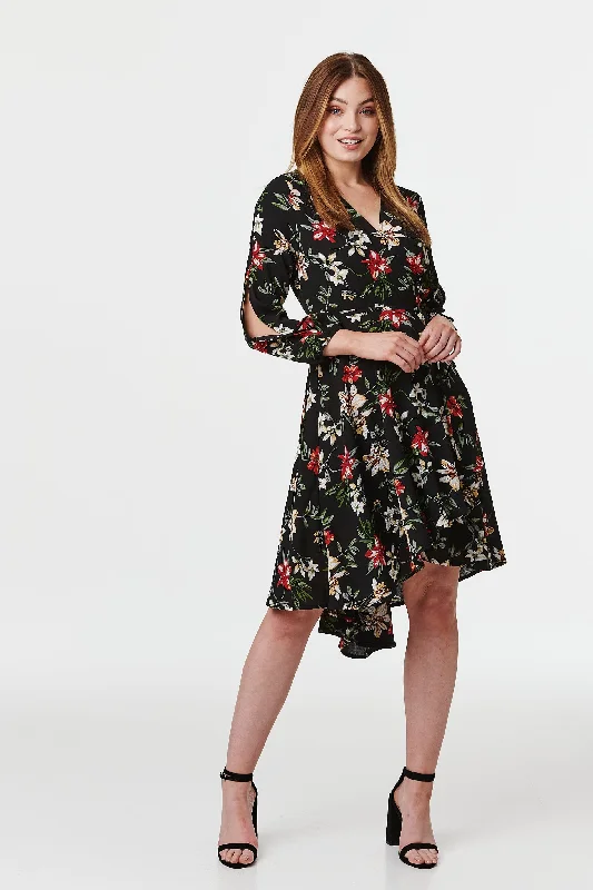 Wrap Dress with Full Skirt -Wrap Dress with Draped Front -Floral Long Sleeve Wrap Front Dress Wrap Dress with Full Skirt -Wrap Dress with Draped Front -Floral Long Sleeve Wrap Front Dress