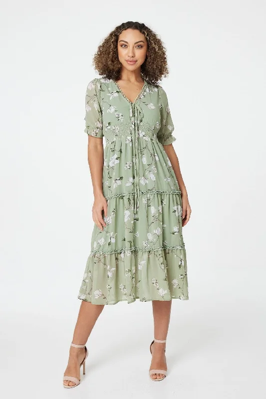 Women's Ribbed Knit Midi Dress-Floral Tie Front Midi Tea Dress