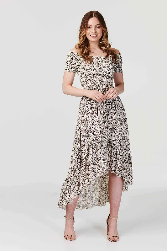 Women's Velvet Cocktail Dress-Ditsy Print Off The Shoulder Dress