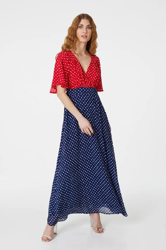 Women's Off-shoulder Floral Maxi Dress-Polka Dot Flared Sleeve Maxi Dress