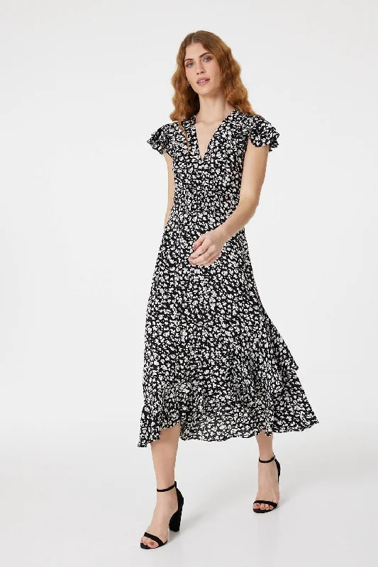 Women's Floral Bohemian Midi Dress-Ditsy Print V-Neck Frilled Midi Dress