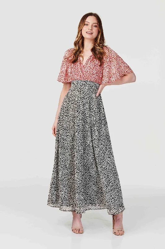 Women's Ruffled Sleeves Maxi Dress-Ditsy Floral Flared Sleeve Maxi Dress