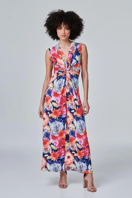 Women's Bohemian Style Maxi Dress-Floral Knot Front Maxi Dress