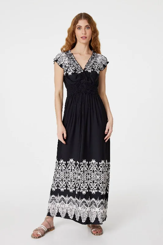 Women's Chic Maxi Dress-Lace Print Cap Sleeve Maxi Dress