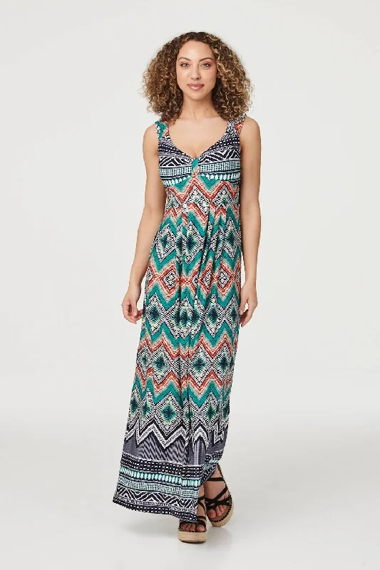 Women's Maxi Dress with Lace Details-Tie Dye Print A-Line Maxi Dress