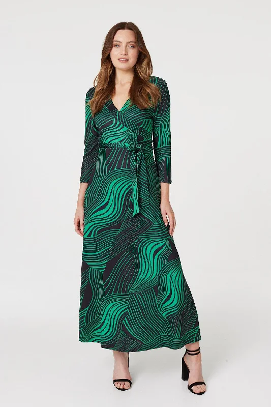Simple Wrap Dress with A-line Skirt -Long Wrap Dress with Print -Abstract Print Maxi Wrap Dress Simple Wrap Dress with A-line Skirt -Long Wrap Dress with Print -Abstract Print Maxi Wrap Dress