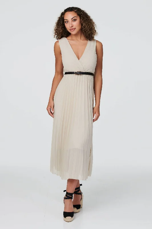 Women's Tulle Sleeve Midi Dress-Sleeveless Pleated Midi Dress