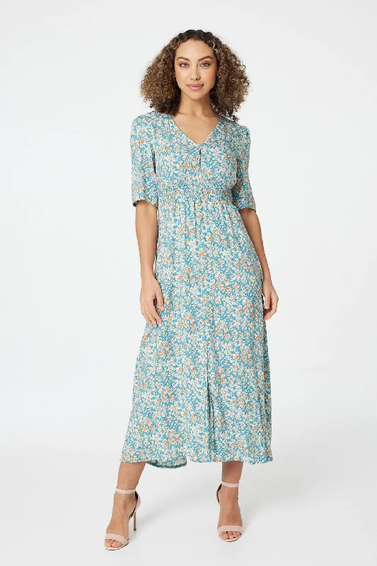 Women's Maxi Dress with Belt-Floral 1/2 Sleeve Maxi Dress